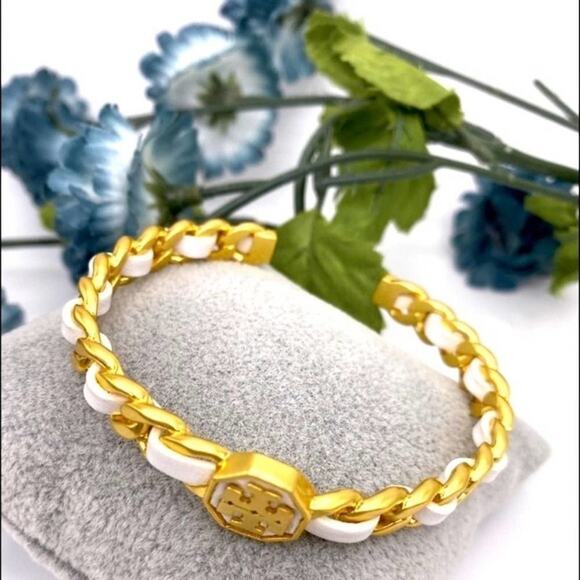 New Tory Burch Gemini White Leather Cuff Bracelet - Picture 2 of 10